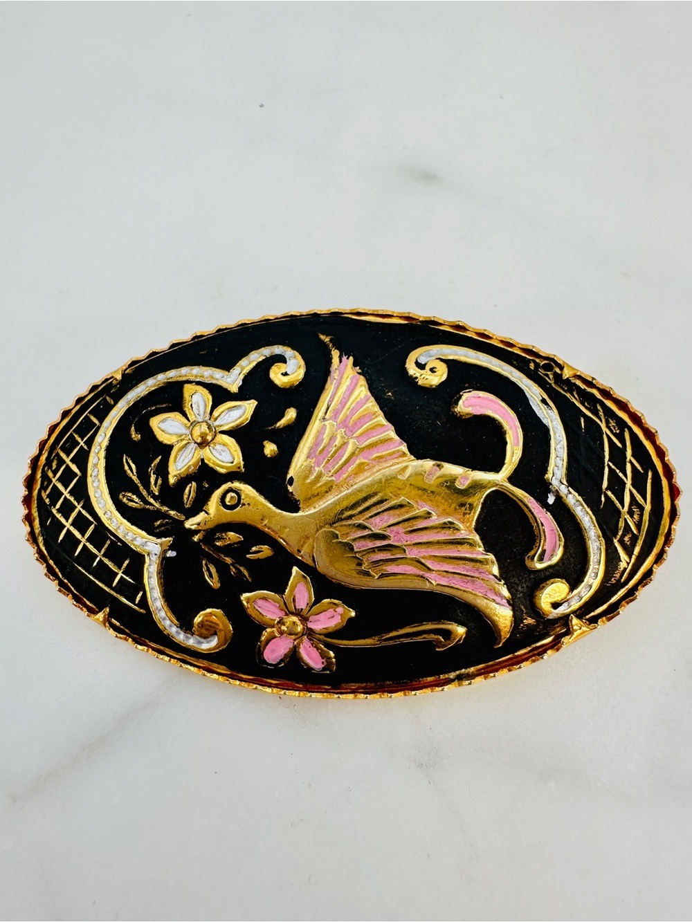 Vintage Damascene Oval Brooch Toledo Spain Bird Floral Gold Inlay Black, Pink